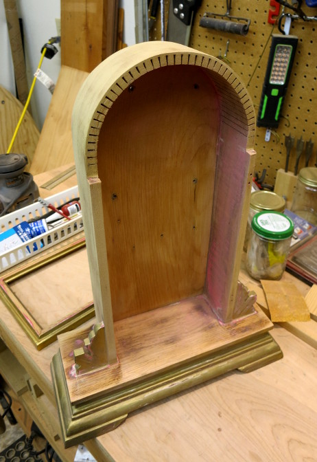 The Ansonia clock case, with the old arch safely removed.