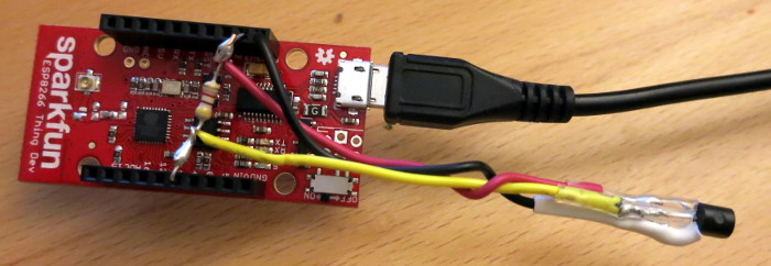 The pull-up resistor inserted into the ESP8266, with the power and data lines soldered to it