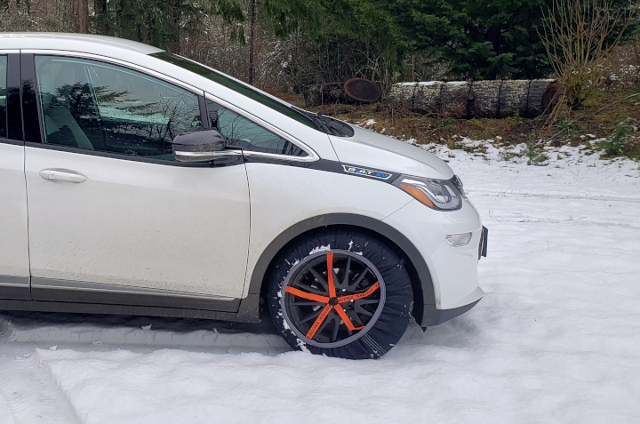 My 2020 Chevy Bolt EV, driving with EasySox snow socks.