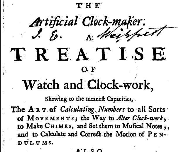 The title page of "The Artificial Clockmaker" by William Derham, first published in 1734. From Google Books.